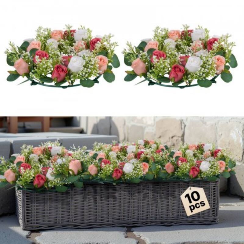 Pink White Silk Rose Wreath Centerpieces Set of 10 with Base - 13.4 x 13.4 x 3.5 inch
