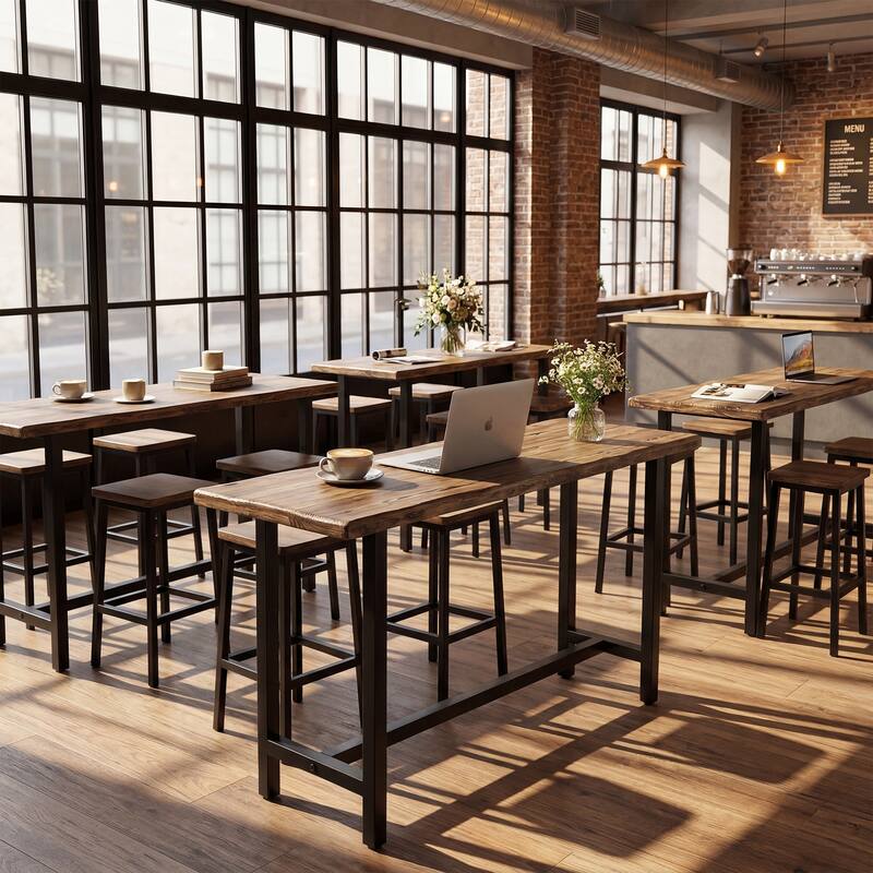 Solid Wood Long Bar Table with Metal Footrest - 63-Inch Long Counter Height Table for Home, Seats up to 6