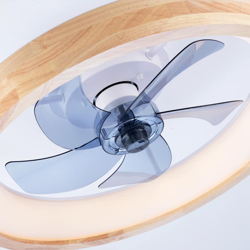 20" Farmhouse Natural Wood Flush Mount Ceiling Fan with Dimmable LED Light and Remote