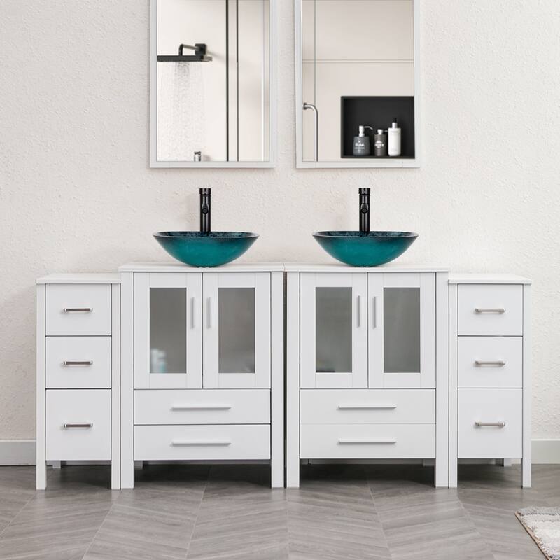 72" Bathroom Vanity Set Glass Ceramic Vessel Sink Side Cabinet Combo - turquoise square sink - White
