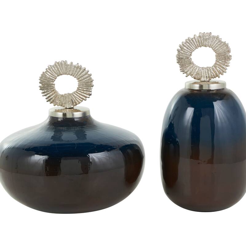 White or Blue Metal Decorative Jars with Ring Handles (Set of 2)