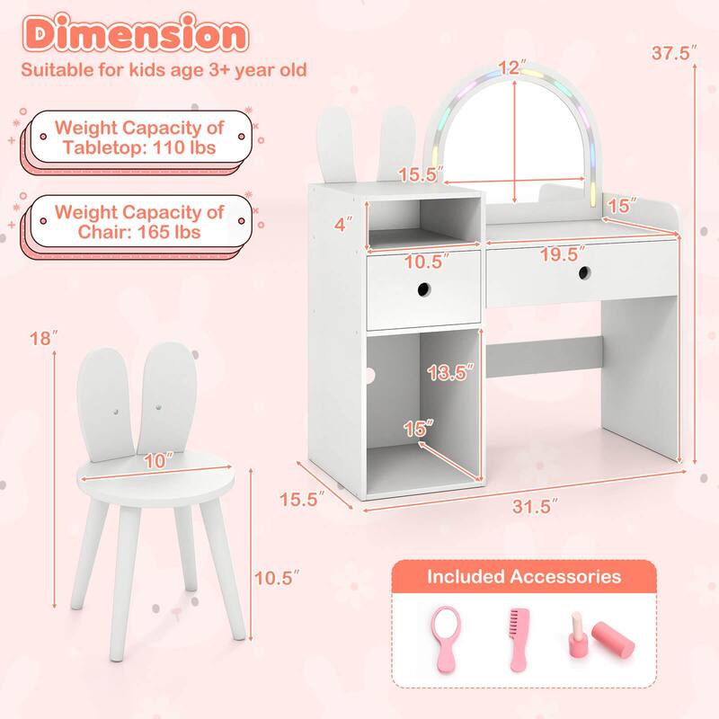 Costway Princess Bunny Makeup Table with Lighted Mirror, Open Shelves - See Details