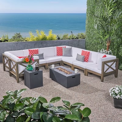 Brava Outdoor Acacia Wood 8 Seater U-Shaped Sectional Sofa Set with Fire Pit by Christopher Knight Home