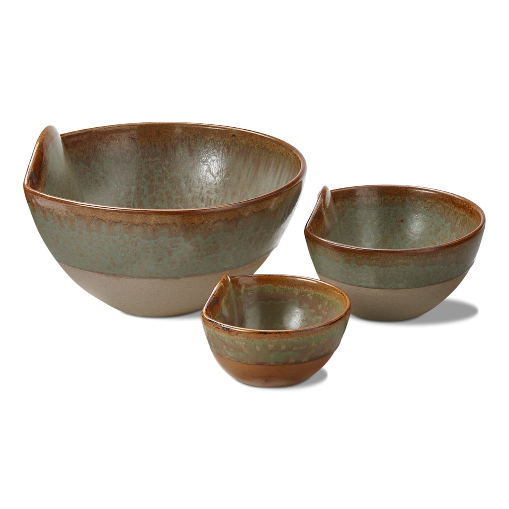Rustic Reactive Glaze Set of 3 Bowls - Porcelain Dining and Salad Bowls, 56oz Capacity, Dishwasher Safe, Green Multi