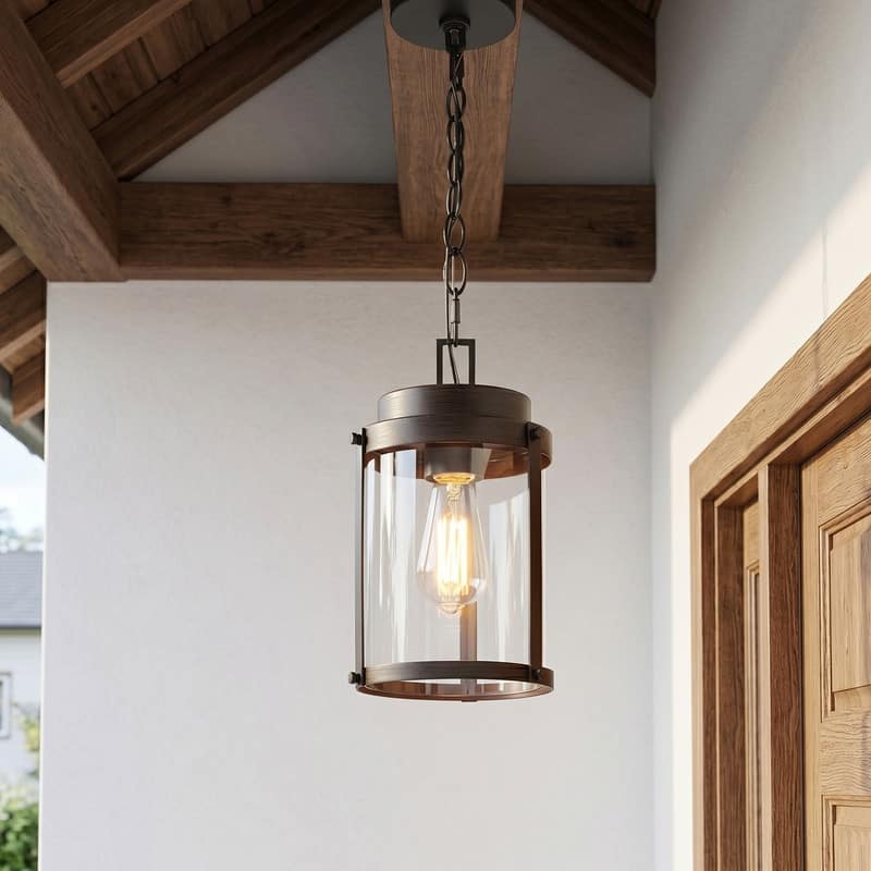 KAWOTI 1-Ligh Sandy Black Cylinder Outdoor Pendant Hanging Light with Glass Shade - D7" * H12"（H15.75"~53.5"）