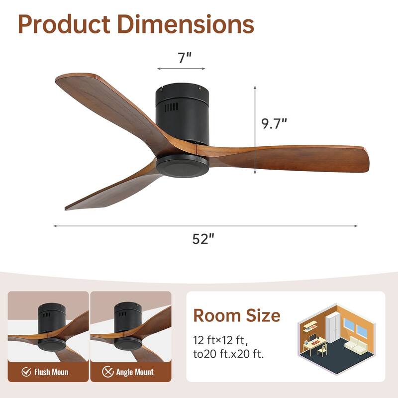 Sofucor 52 Inch Solid Wood Flush Mount Indoor Ceiling Fan without Light,Remote Control,Smart Optional