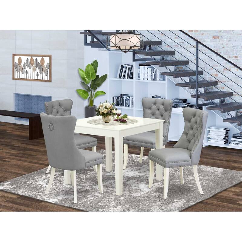 5-Piece Linen White Finish Solid Wood Top - Square Upholstered Dining Room Set - Seats 4