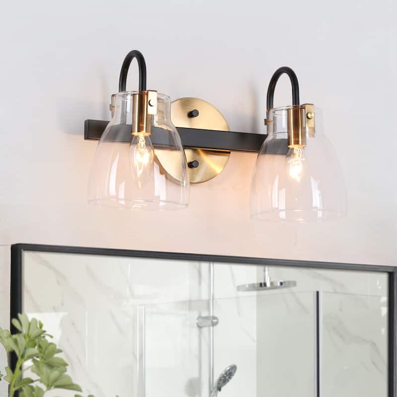 Coria Modern 2-light Brass Gold Orb Glass Bathroom Vanity Lights Black Wall Lighting - L 13.2" x W 6.9" x H 7.9" - L 13.2" x W 6.9" x H 7.9" - Black + Brass Gold