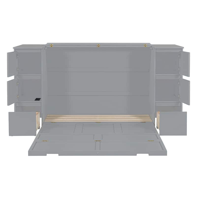 Modern Style Murphy Bed with Drawers, Cabinets and USB Ports for Bedroom
