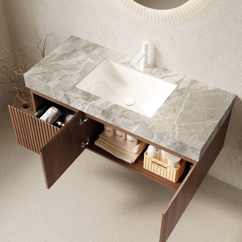 30"/36"/48" Wall-Mounted Bathroom Vanity with Ceramic Sink, Sintered Stone Countertop Floating Bathroom Storage Cabinet