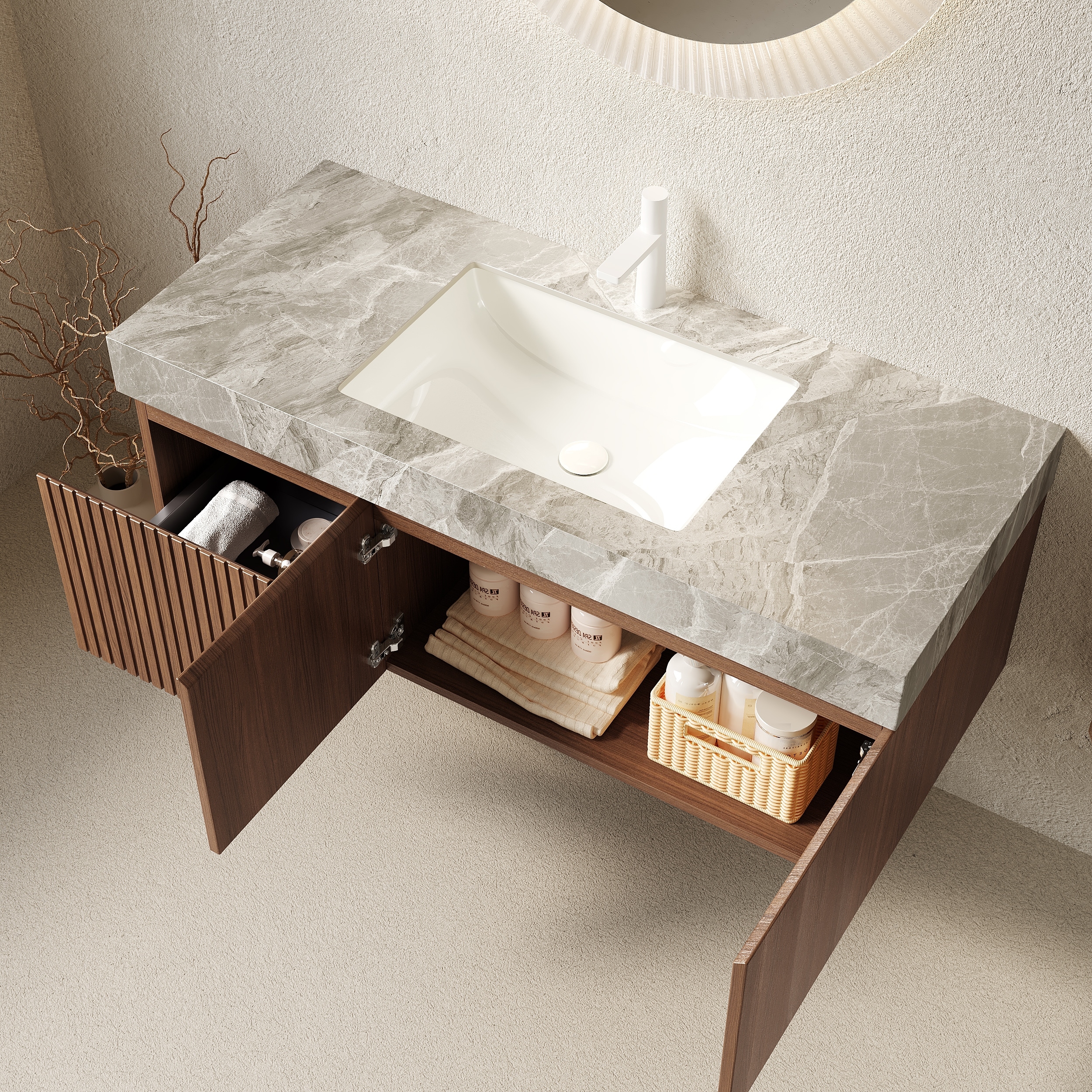 Wall-Mounted Bathroom Vanity with Sintered Stone Countertop, Bathroom Storage Cabinet with Soft Close Drawer