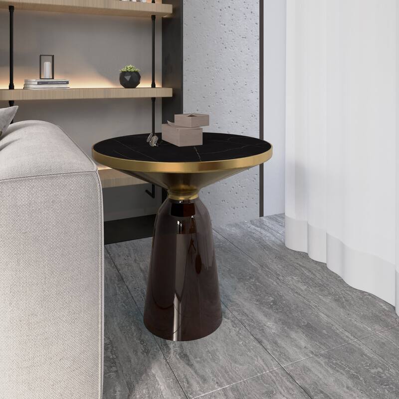 19-Inch Side Table Round Glass/Stone Tabletop End Table with Gold Iron Rim and Glass Base