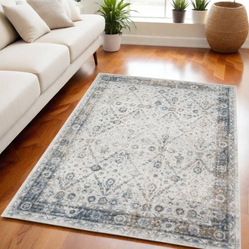 Mibiy Power Loomed Distressed Floral Low Pile Area Rug By HomeRoots - 84' X '63' X '0.25 - Oxford Blue - Rectangle