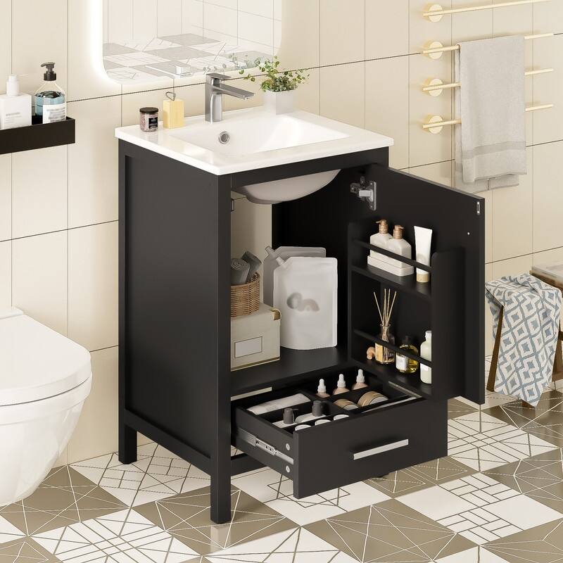 20" Bathroom Vanity with Ceramic Sink, Soft-Close Drawer & Door, Double-Layer Door Organizer - Black