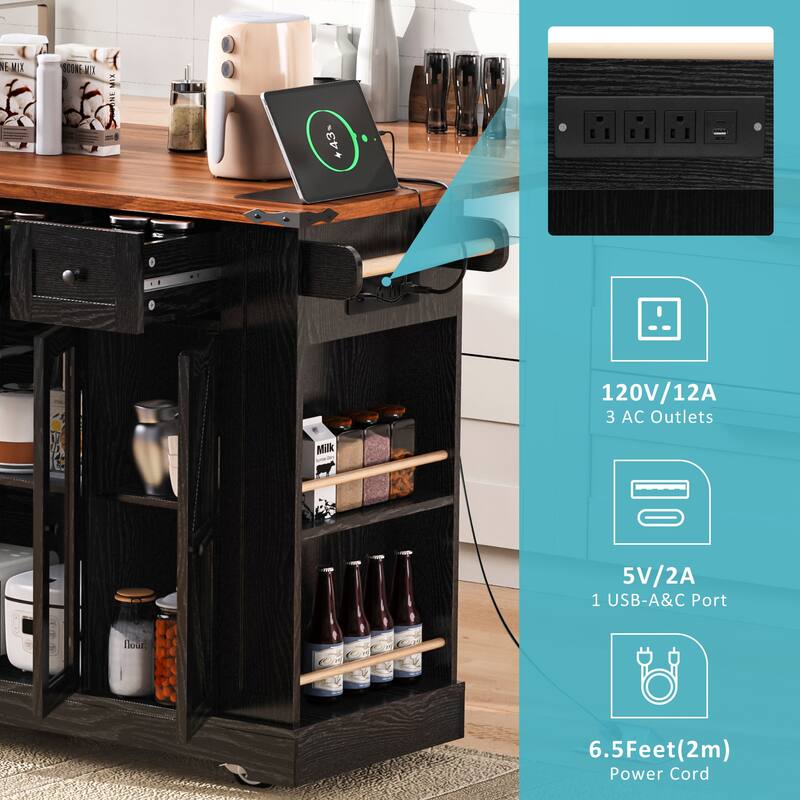 53'' Farmhouse Kitchen Island with Two Tempered Glass Cabinet Doors, Drop Leaf, 5 Open Side Racks and 3 Drawers