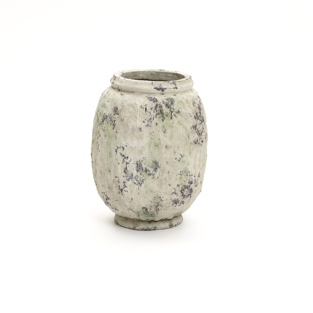 Antique Terracotta Vase, 10" Tall Off-White Pot with Mossy Green Patina