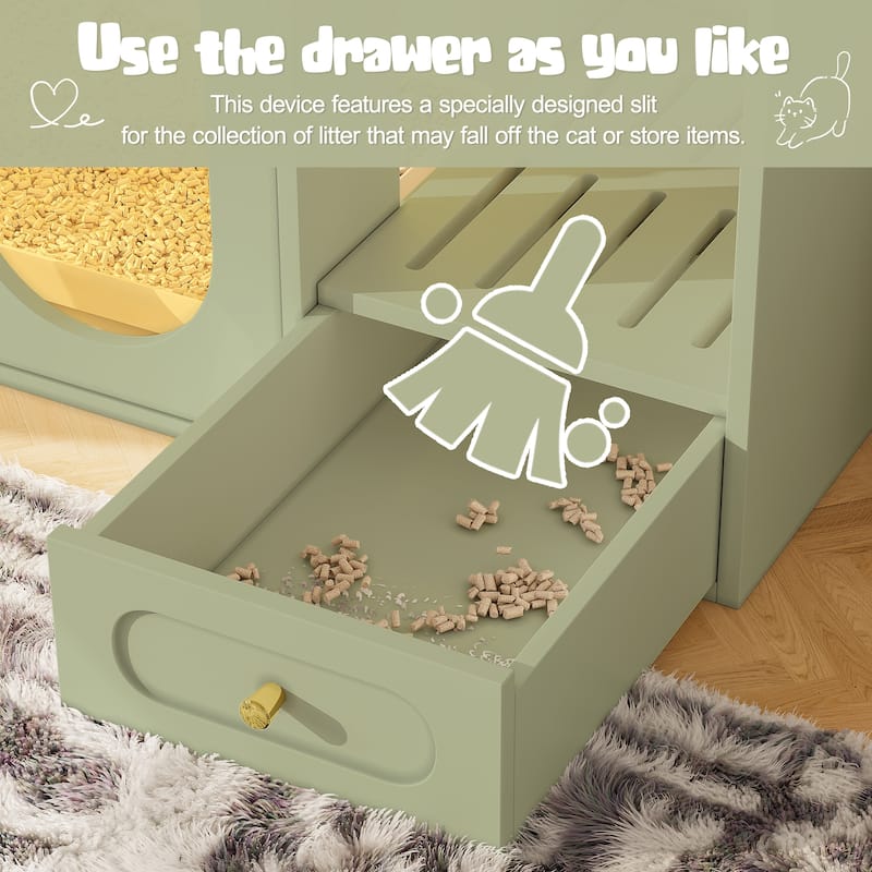 Anmytek Hidden Cat Litter Box Enclosure Furniture with LED Light and Storage Drawers Green Pet House and End Table