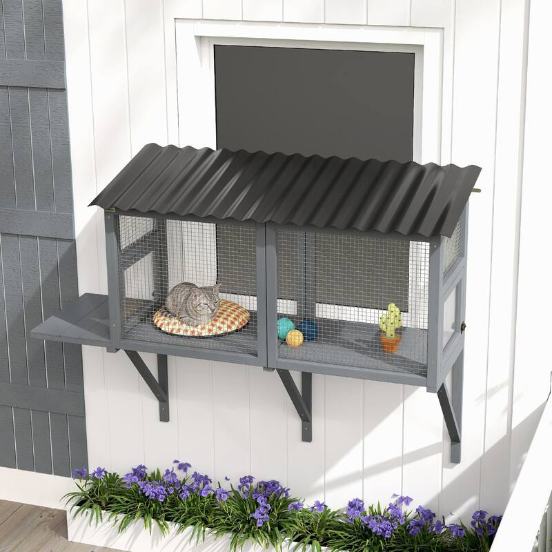 PawHut Cat Catio, Outdoor Cat Enclosure Window Perch for Multiple Kittens with Jumping Platform