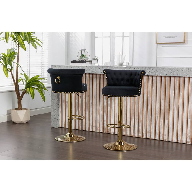 Ergonomic Swivel Bar Stools Set of 2 Adjustable Velvet Accent Chairs - Black