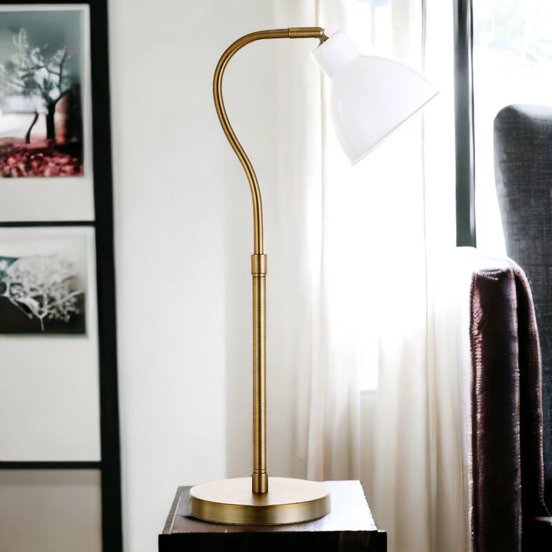 25" Brushed Brass Arched Table Lamp with White Dome Metal Shade Plug-In Light for Living Room - 10" W x 7" D x 25" H