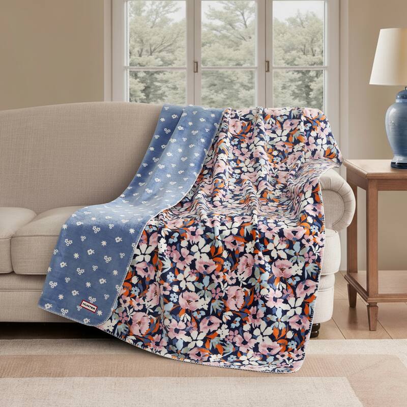 Hunter Reversible Plaid Plush Throw Blankets - 50" x 70" - Blue Flora