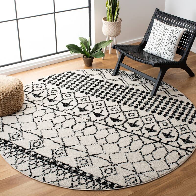 SAFAVIEH Tulum Ethelyn Rustic Moroccan Boho Tribal Rug - 6'7" Round - Ivory/Black - Runner/Round