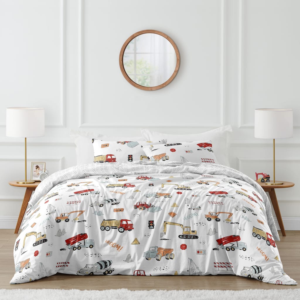 Sweet Jojo Designs Construction Truck Boy 3pc Full/Queen Comforter Set - Grey Yellow Orange Red and Blue Transportation