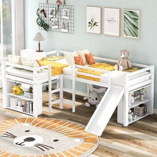 L-Shaped Twin Size Solid Pine Wood Loft Bed with Movable 2-Tier Shelves ...