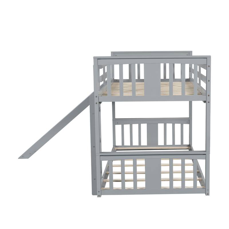 Solid Pinewood Detachable Bunk Bed, Twin over Twin Floor Bunk Bed Frame with Slide and Ladder, Divided Into 2 Separate Beds
