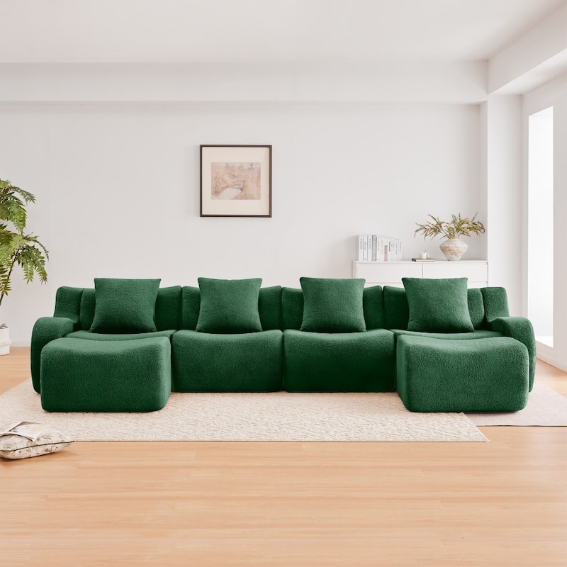 148" Premium Teddy Fabric U-shaped Modular Curved Armrests Boneless Sofa Set
