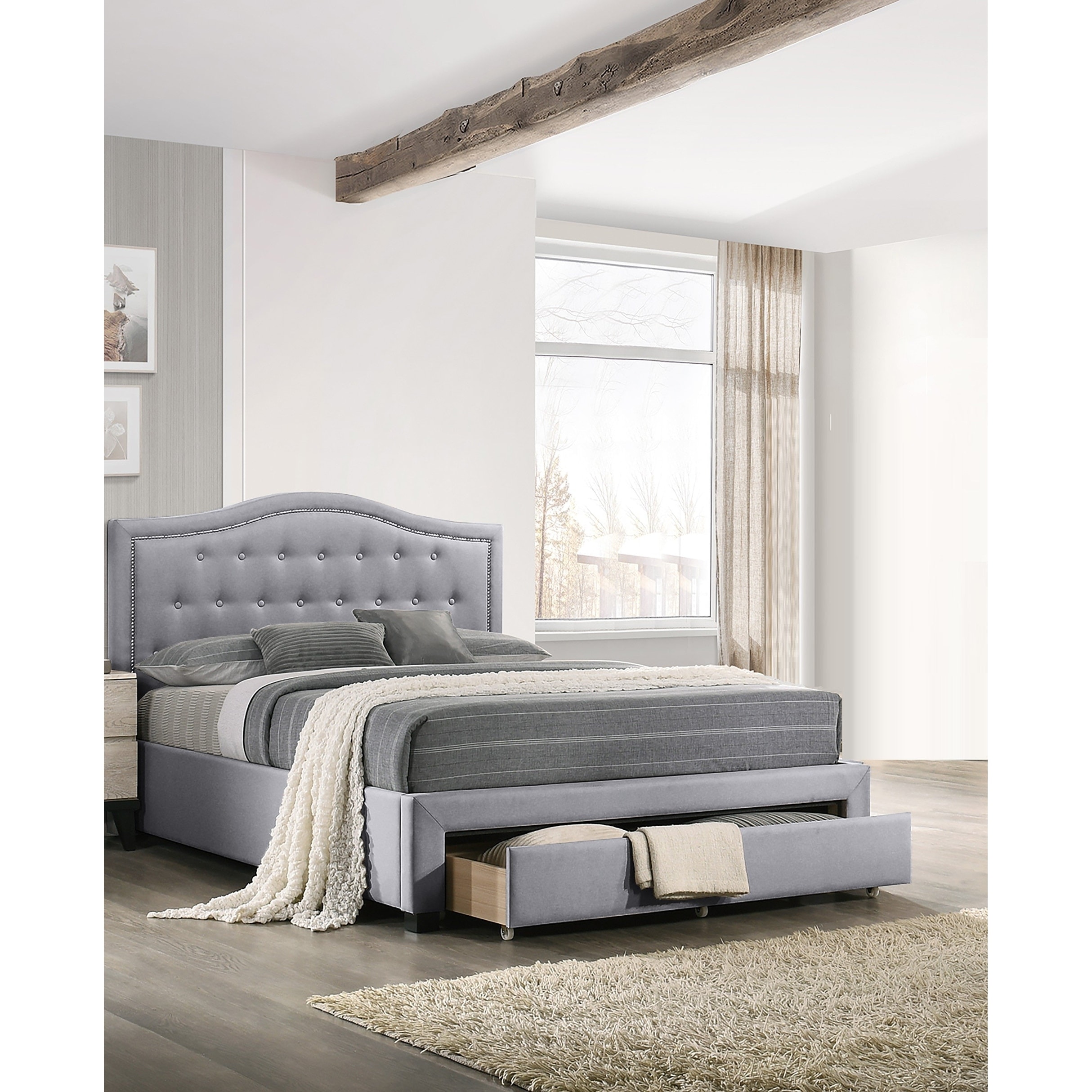 Transitional Style 1pc Bed Set Upholstered Bed Button Tufted Headboard Charcoal Finish