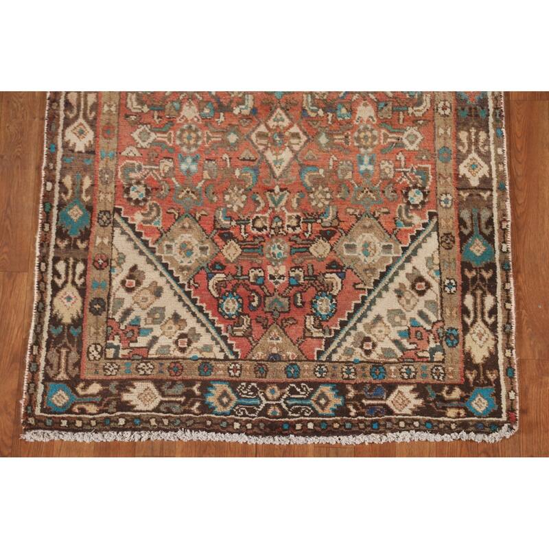 Hamedan Persian Vintage Runner Rug Handmade Geometric Wool Carpet - 3'5"x 9'9"