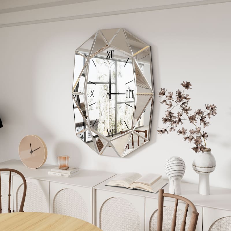 Mirrored Wall Clock Decorative Vanity Mirror Beveled Frame Edge - 29"x40" - Silver