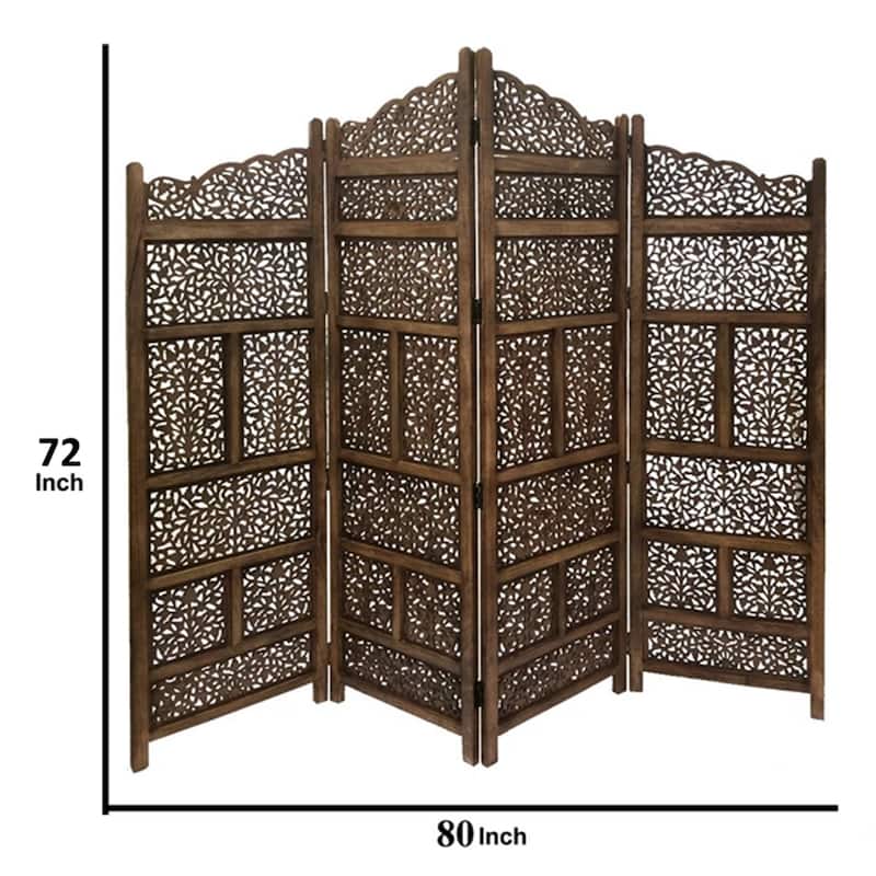 Benzara Hand Carved Foldable 4 Panel Wooden Partition Screen Room Divider,Brown