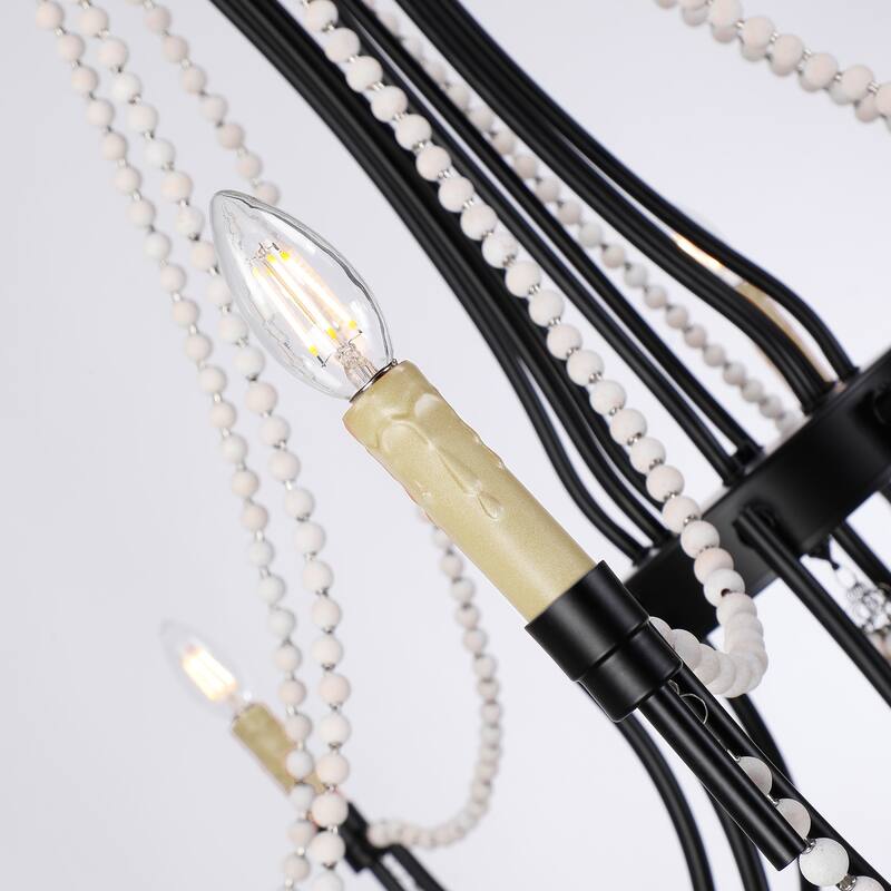 Rustic Beach Chandelier with Wooden Bead Strands | Matte Black 8-Light Dining Room Fixture - Satin Black
