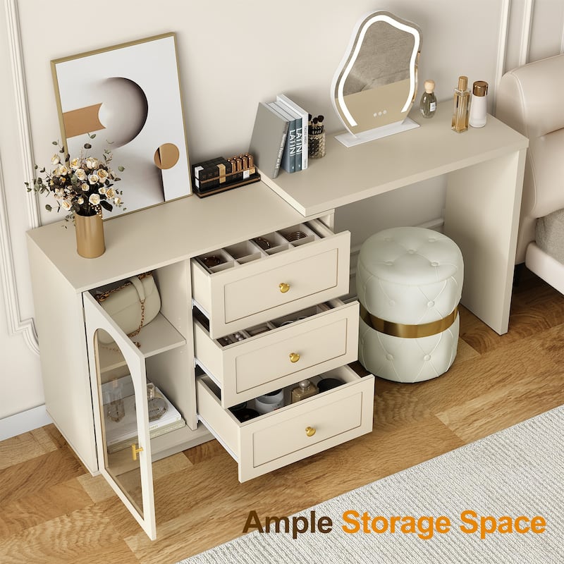 Extendable Makeup Vanity Desk with 3 Drawers & 1 Door
