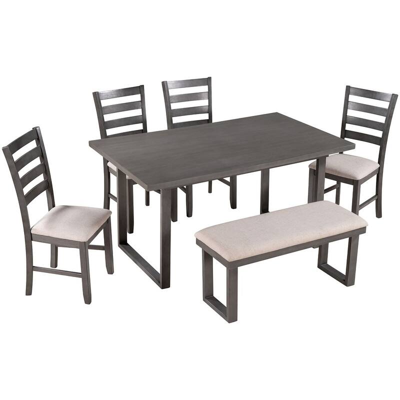 60'' Rectangular Solid Wood Dining Table with 4 Upholstered Chairs and Bench