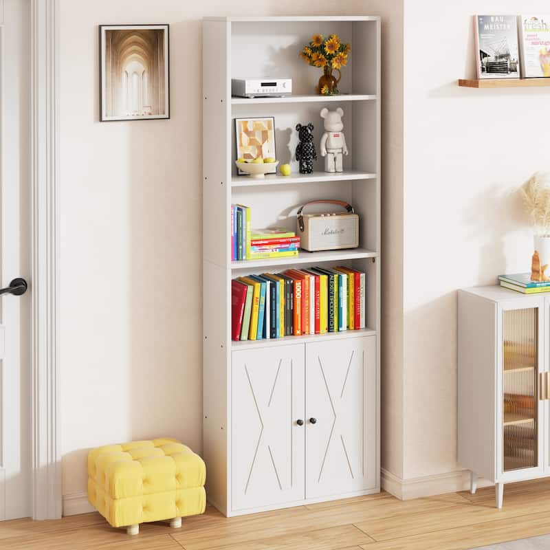 Farmhouse 6-Tier Open Bookcase and Bookshelf with Doors