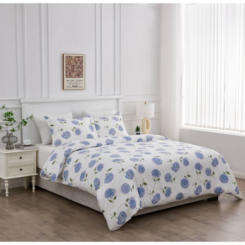 Printed Design Cotton Collection 400 Thread Count Blue Hydrangea Duvet Set