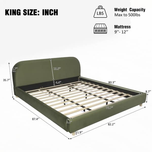 dimension image slide 0 of 11, Upholstered Platform Bed with Curve-Shaped Design Headboard
