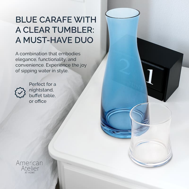 American Atelier Bedside Blue Water Carafe with Clear Tumbler - 33-Ounce Pitcher