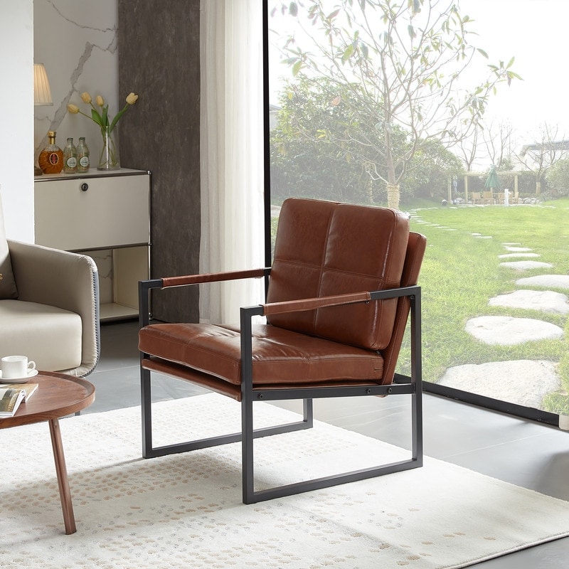 Single PU Leather Dining Chair Black Metal Frame Modern Arm