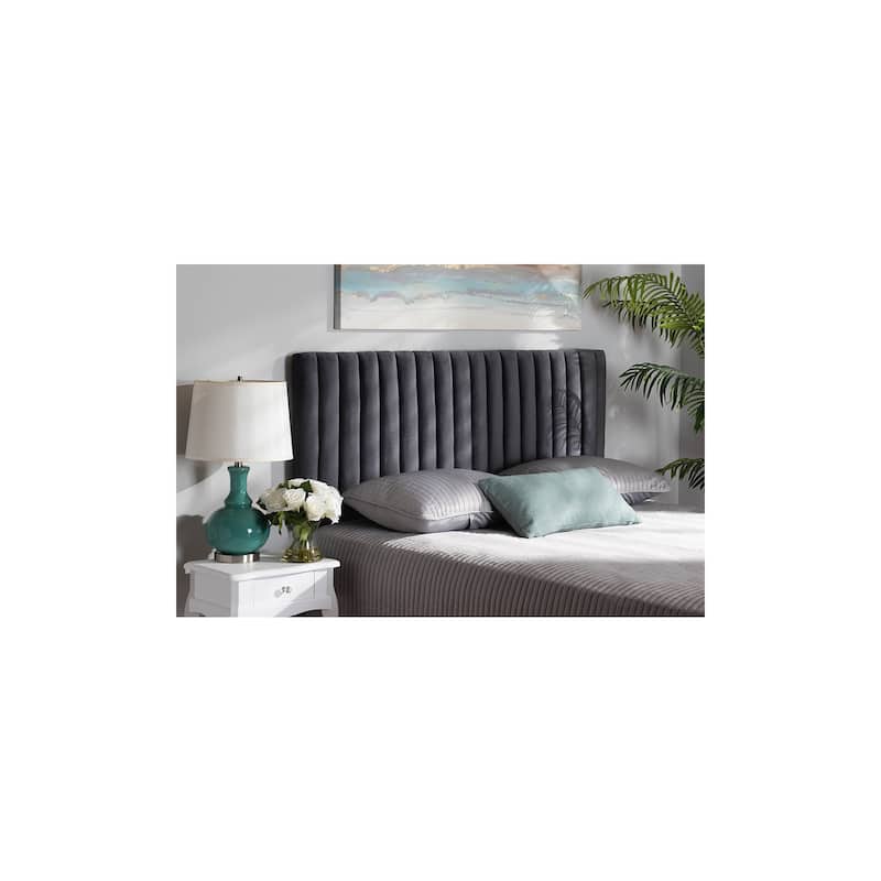 Grey Velvet Fabric Upholstered King Size Headboard with Dark Brown Wood Frame and Modern Sophisticated Style
