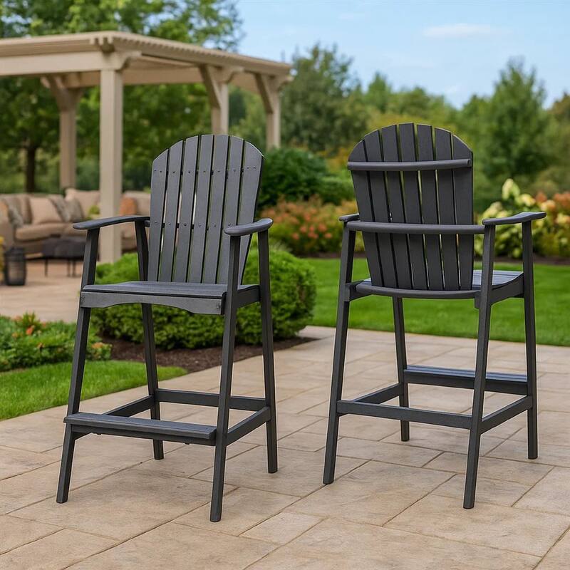 Outdoor Barstool Chair Set of 2, Rustic Slatted Back, Dark Gray Wood