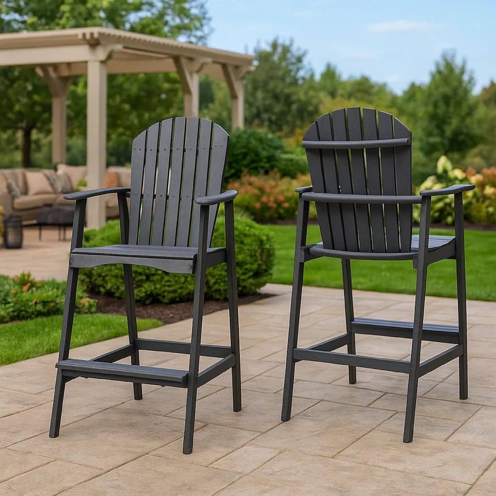 Outdoor Barstool Chair Set of 2, Rustic Slatted Back, Dark Gray Wood
