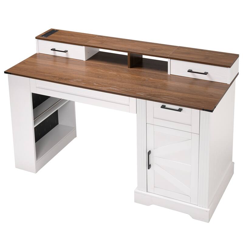 Roomfitters 55" Farmhouse Office Desk with Barn Door Cabinet, Pegboard & Charging Station