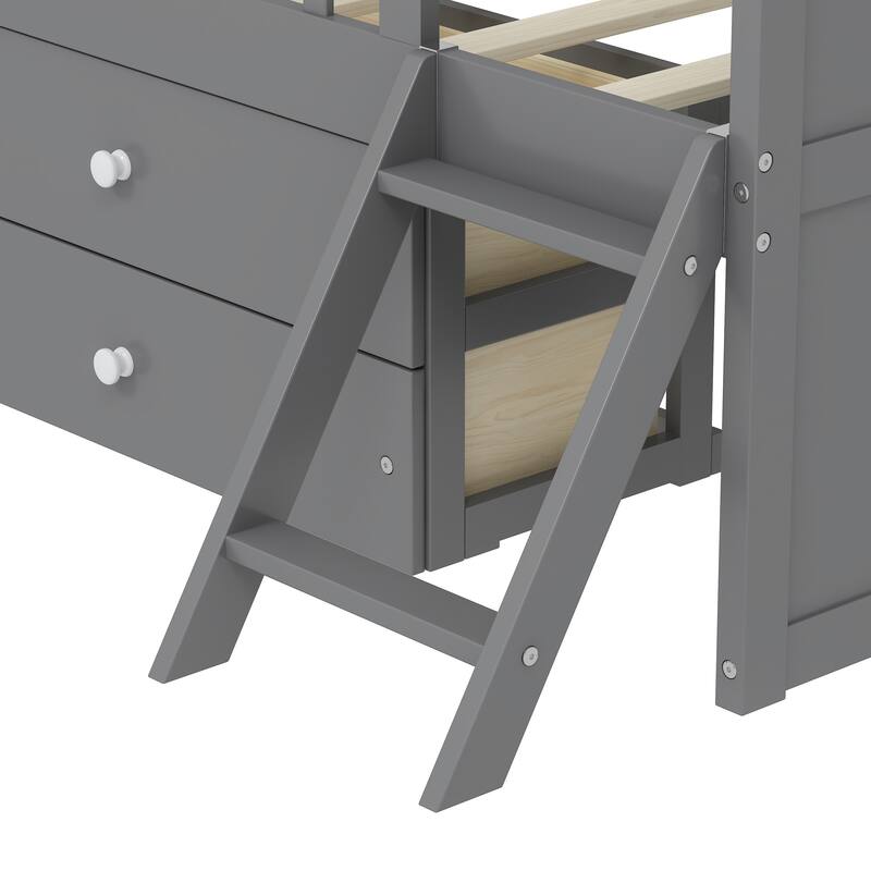 Twin Size Platform Bed Frame with 4 Storage Drawers & Guardrail Headboard for Bedroom, Wooden Kids Storage Bed with Ladder