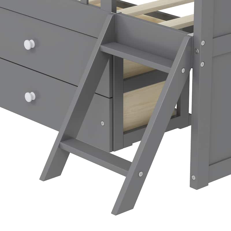 Twin Size Wooden Bed Frame with Storage Drawers, Guardrail, and Ladder for Kids, Easy Assembly, Gray