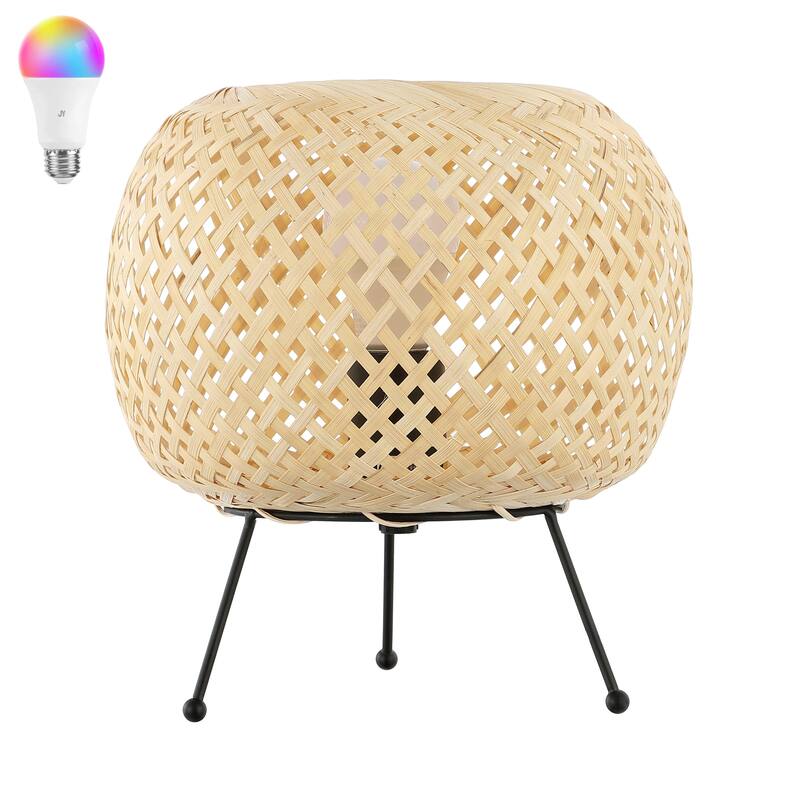 Chakrii 10.75" Bohemian Rustic Iron/Rattan LED Mini Table Lamp with Smart Bulb, Black/Brown by JONATHAN Y