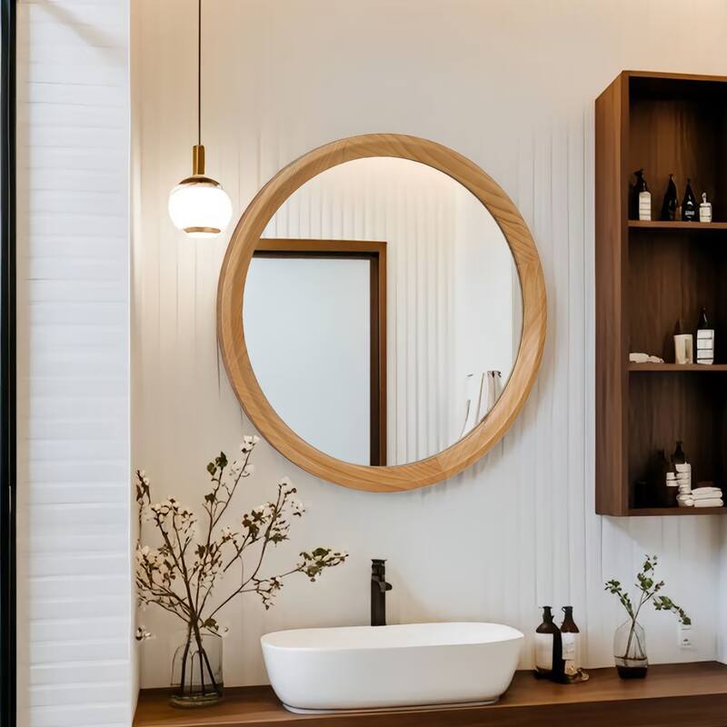 Natural Wood Round Wall Mirror - Natural Wood